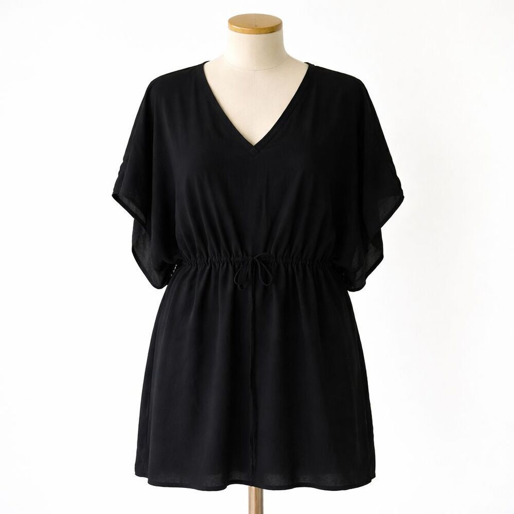Lands End Top Size XL Cover Up Black V-Neck Tie Waist Modal Coastal Beach Pool
